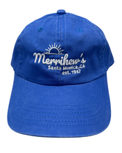 Load image into Gallery viewer, Blue cap with white text and logo and 'Merrihew's santa monica, ca est. 1947'
