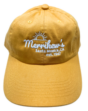 Load image into Gallery viewer, Yellow cap with white embroidered text that says 'Merrihew's santa monica, ca est 1947'
