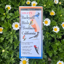 Load image into Gallery viewer, A foldable waterproof guidebook titled &#39;Sibley&#39;s Backyard Birds Southern California&#39; with an image of a bird on the cover, placed upright on a bed of flowers.
