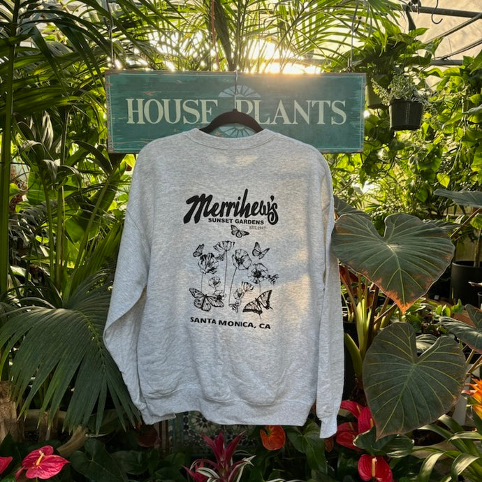 Gray crewneck sweatshirt from Merrihew's Sunset Gardens