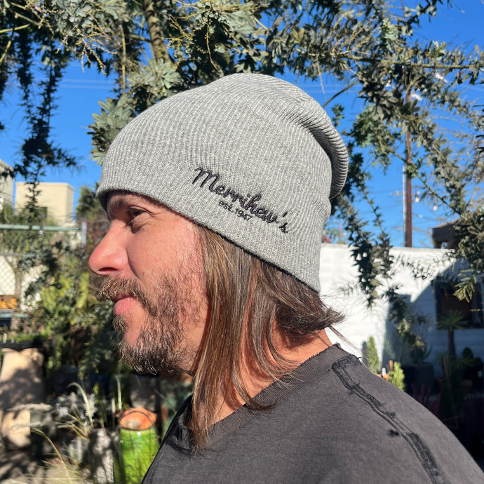 Heather gray beanie hat with Merrihew's est 1947 written on side