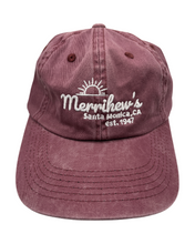 Load image into Gallery viewer, Maroon cap with white embroidered text with 'Merrihews santa monica, ca est. 1947'
