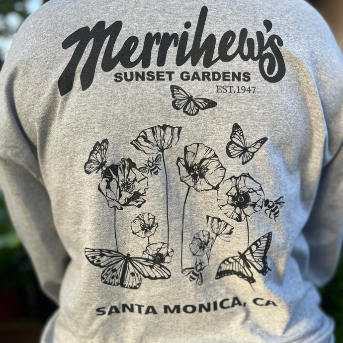 Long sleeve cotton t-shirt with Merrihew's Sunset Gardens and floral and butterfly on the back